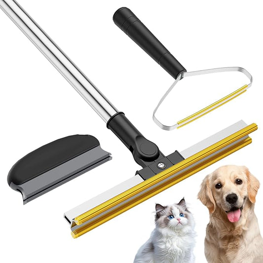 3 in 1 Carpet Rake for Pet Hair Removal, Tool Set of 3, 55??Long Handle Carpet Pet Hair Removal Carpet Scraper Dog Cat Hair Remover for Sofa, Couch, Car, Rug (Black)