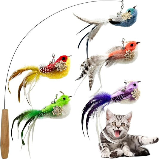 Cat Wand Toy, 6 Pieces Interactive Cat Wand Bird Feather Toys for Indoor Cats Play Exercise