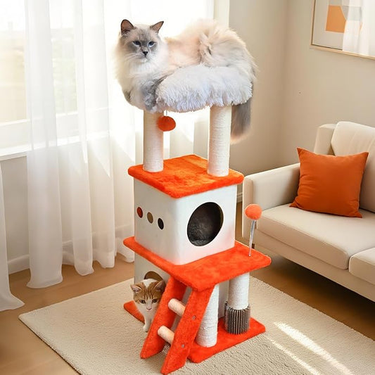 37.4-inch Cat Tree, Cat Tree Tower with Twin Cat Condos for Indoor Cats, Plush Cat House with Padded Perch, Scratching Ladder and Posts and Plush Balls for Kitty Play, Orange