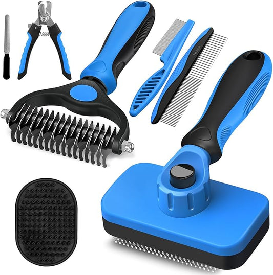 7 in 1 Pet Grooming Kit - Dog&Cat Comb, Deshedding Brush, Nail Clipper with File, Bath Brush - Premium Pet Supplies (Black Blue)