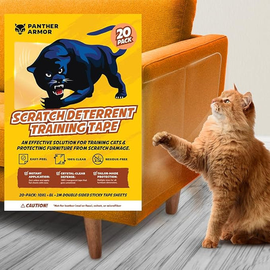 20 Pack Cat Scratch Furniture Protector Tape Sheets, Double-Sided Sticky Training (10 XL, 8 Large, 2 Medium), Anti-Scratch Couch & Sofa Guard,Clear,Not for Leather, Velvet, Microfiber
