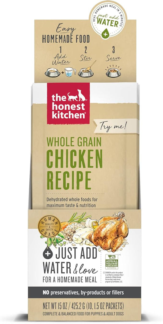 The Honest Kitchen Human Grade Dehydrated Whole Grain Dog Food ??Complete Meal or Dog Food Topper ??Chicken 10-Pack of 1.5 oz Sachets