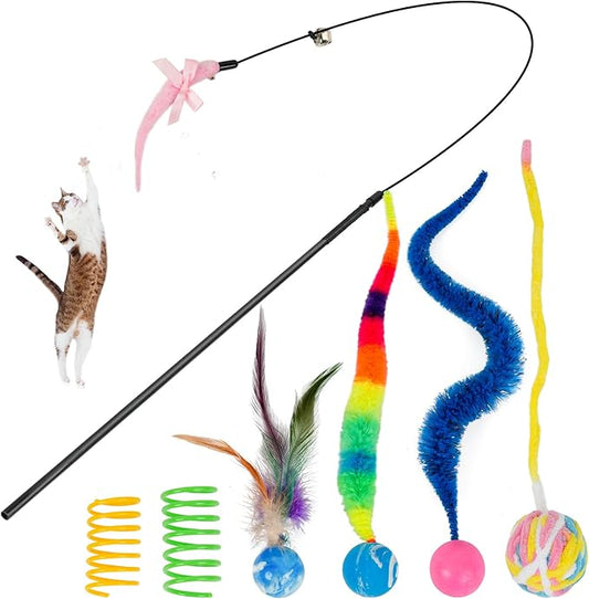 SHENGSEN Feather Wand Cat Toy,Bouncy Ball with Tail Cat Toys,Magic Worm with Large Colorful Ball Toy for Cats,Cat Feather Toys for Indoor Cats,Colorful Fuzzy Worm Bouncy Balls Cat Toy (ADM102-A-5B)