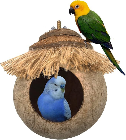 Tfwadmx Natural Coconut Fiber Hanging Birdhouse for Cage, Bird Shell Breeding Nest for Parrot, Parakeet, Lovebird, Finch, Canary, Small Animals House, Bird Hideout with Coconut Twine Decoration