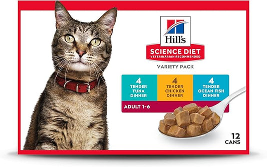 Hill's Science Diet Adult 1-6, Adult 1-6 Premium Nutrition, Wet Cat Food, Variety Pack: Tuna; Chicken; Ocean Fish Stew, 5.5 oz Can Variety Pack, Case of 12