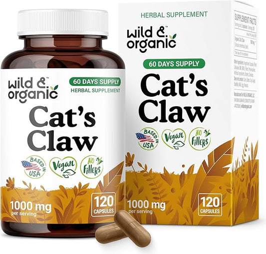 Wild & Organic Cat's Claw Capsules 1000 mg - Immune Support - Pure Cat's Claw Herbal Supplement - 60 Days of Supply - Uncaria Tomentosa Bark - Vegan, No Fillers, Non-GMO - 120 Count