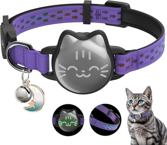 Waterproof Airtag Cat Collar, Breakaway Cat Airtag Collar with Luminous & Reflective Pattern Strap, Lightweight Kitten Collars for Apple Air tag, Hidden Holder for GPS Tracker - Cats, Kittens (9-13")