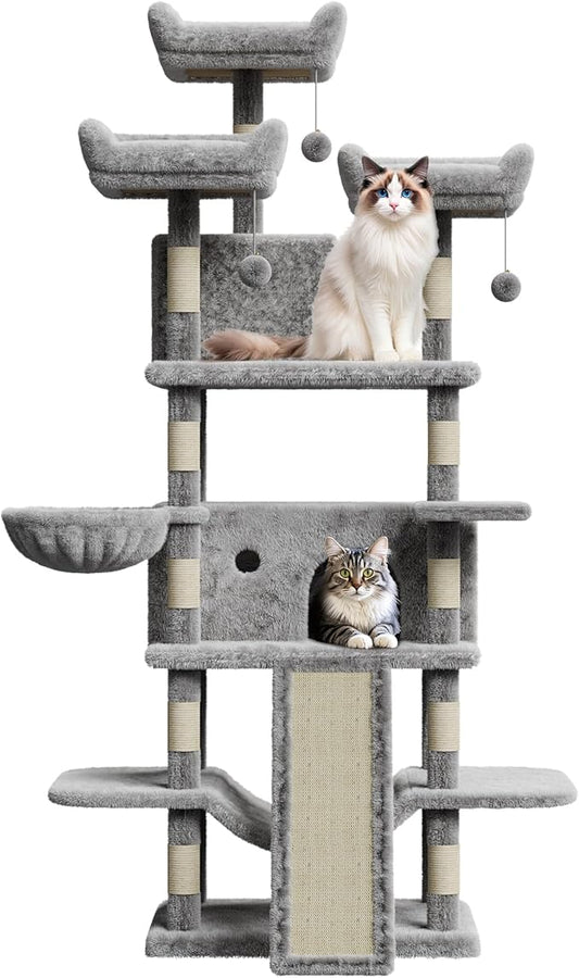 Multi-Level Cat Tree 68.5 in Tall Large Plush Cat Tower with Condos Plush Perches Sisal Scratching Posts Hammocks Basket Dangling Balls for Multiple Pussy and Small Medium Pets
