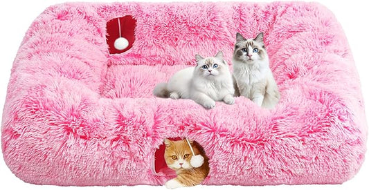 Extra Large Cat Tunnel Bed, 4 Ways Tunnels for Indoor Cats, Multi-cat Family Pet Bed & Cave, Plush Cat Donut with Washable Middle Mat, Exit Balls, Pet Play Toy for Kitten Puppy Rabbit, Pink