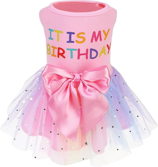 PUPTECK Print Dog Dress Pet Apparel for Birthday with Cute Bowtie Puppy Clothes Outfit, M