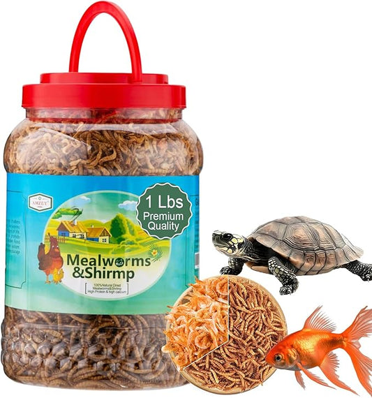 Amzey Shrimp & Mealworms 100% Non-GMO Dried Mealworms - High-Protein Meal Worm Treats - Perfect for Your Chickens, Ducks, Wild Birds, Turtles, Hamsters, Fish and Hedgehogs