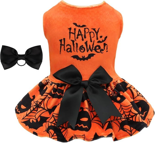 CuteBone Halloween Dog Dresses Velvet Holiday Small Dogs Clothes Onesie Pet Apparel Girl Puppy Skirt with Bow Hair Rope CVA57XS-D