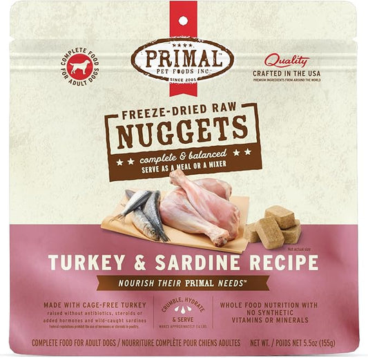 Primal Freeze Dried Raw Dog Food Nuggets, Turkey & Sardine, Complete & Balanced Meal, Also Use as Topper or Treat, Premium, Healthy, Grain Free, High Protein Raw Dog Food, 5.5 oz