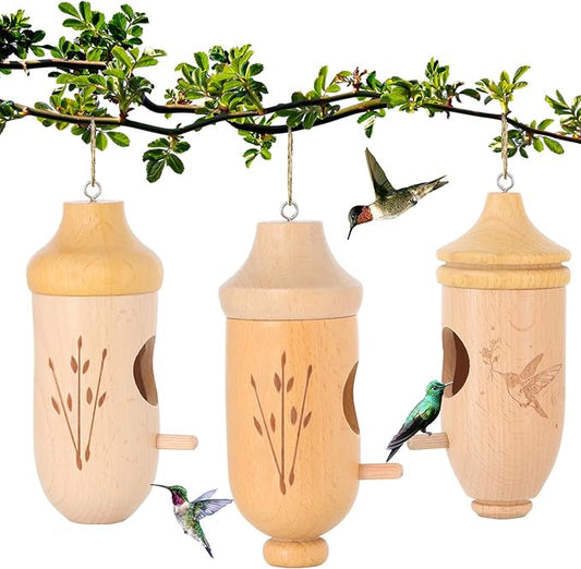 Hummingbird House - Natural Wooden Hummingbird Houses for Outside Hanging, Gardening Gifts for Women Christmas Tree Decoration 3 Packs