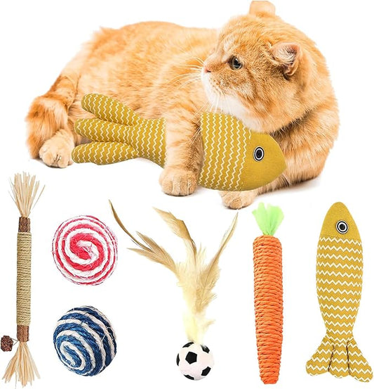 6-Pcs Interactive Cat Toys for Indoor Cats - Assortment Includes Catnip Toys, Silvervine Sticks, Sisal Balls & Flying Bird Toy- Kitten Teething Chew Toys Promote Dental & Play,Cat Christmas toys gifts