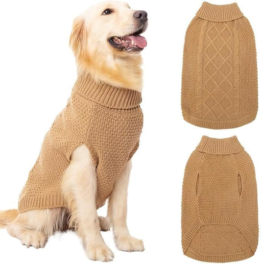 Mihachi Turtleneck Dog Sweater - Winter Coat Apparel Classic Cable Knit Clothes with Leash Hole for Cold Weather, Ideal Gift for Pet in New Year Khaki X-Large