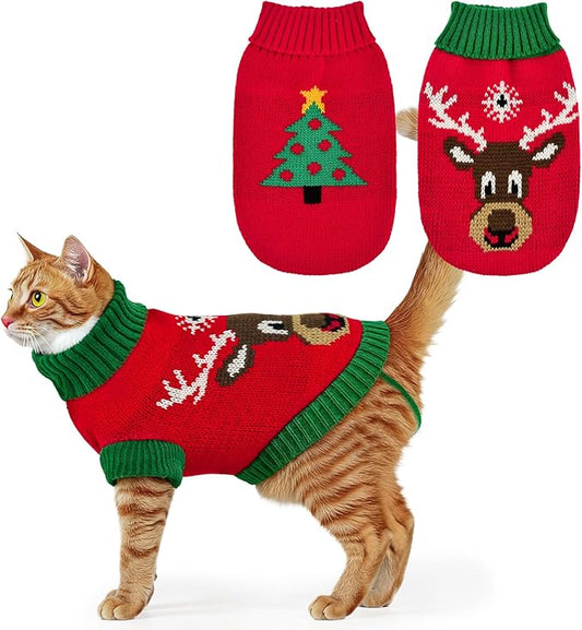 2PCS Puppy Christmas Sweater Cat Turtleneck Knitwear Xmas Elk Outfits Dog Christmas Tree Pattern Warm Clothes Sweater for Kitties Puppies XL