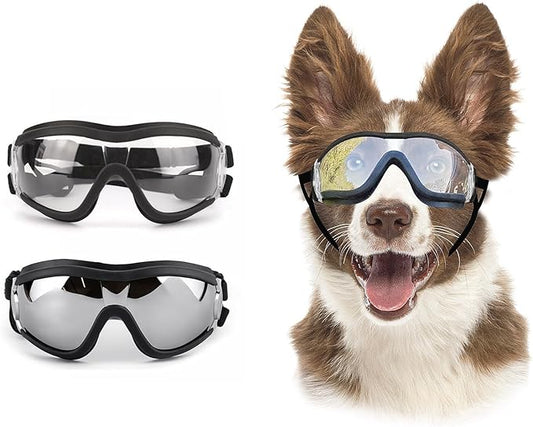 Pack of 2 Dog Goggles Dog Sunglasses for Medium to Large Breed Anti-UV Eye Protection with Adjustable Straps- Silver & Transparent