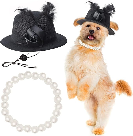 Yewong Pet Fascinators Hat Formal Top Hat Costume Set Pet Mesh Feather Fascinator Veil Kentucky Derby Hat with Pet Pearl Collar for Christmas Weeding Photo Props Party (Black) (BH-YF0090)