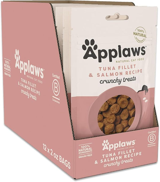 Applaws Natural Cat Treats, Grain-Free, High Protein, Limited Ingredients, No Artificial Additives, Healthy & Nutritious Snack for Cats, Crunchy Tuna Fillet & Salmon Treats (12 x 2.0oz Bags)