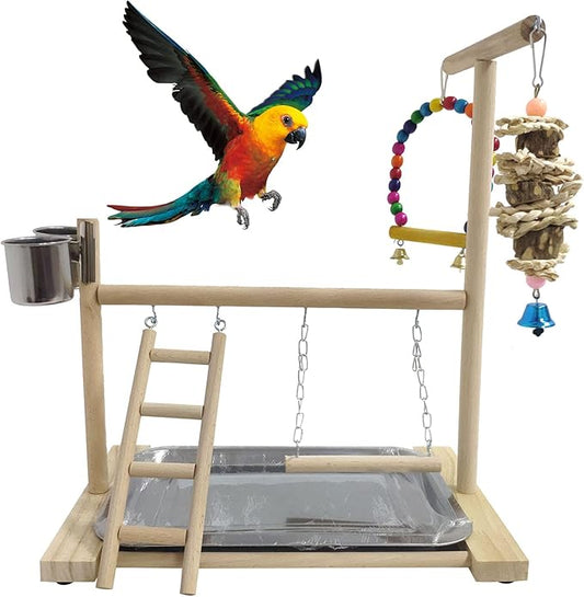 Hamiledyi Bird Playground Parrots Play Stand Natural Wooden Parrot Perch Gym Playpen Pet Parakeet Ladders with Feeder Cups for Cockatoo Conure Cockatiel Cage Accessories Exercise Toy (Include a Tray)