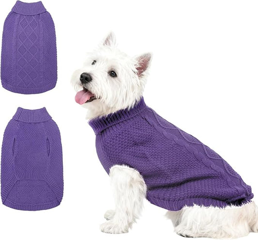 Mihachi Turtleneck Dog Sweater - Winter Coat Apparel Classic Cable Knit Clothes with Leash Hole for Cold Weather, Ideal Gift for Pet in New Year Light Purple XS
