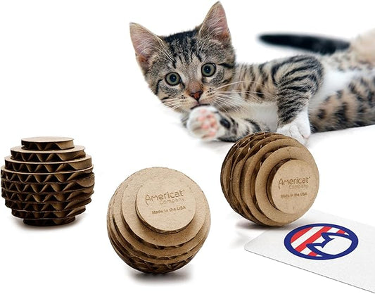 Cat Ball Toys by Americat ??Made in USA ??Safe Cardboard Cat Toys ??for Interactive and Independent Play, Exercise & Stress Relief for All Breeds & Ages (Pack of 3 Round Balls)