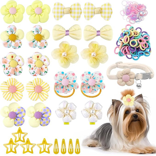 180+ Pcs Yellow Dog Hair Accessories Set,Small Dog Hair Bows with Rubber Bands,Cute Puppy Hair Ties,Bowties for Small Dogs Cats,Dog Hair Clip,Floral Bell Collar,Flower Scrunchie