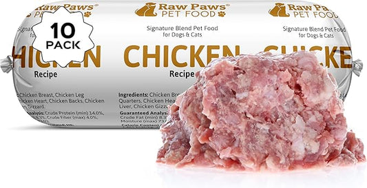 Raw Paws Signature Blend Pet Food for Dog & Cats - Chicken Recipe, 1-lb Rolls (10-Count) - Frozen Fresh Dog Food - Made in USA - Natural Raw Diet Dog Food Log
