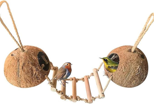 Bird Hides Coconut Nest with Wood Ladder,Syrian Hamster Cage Hanging Natural Coco Shell Hut Hide Toy with Wooden Bridge,Hollow Hideaway Toys for Small Animal Rat Lovebird Finches