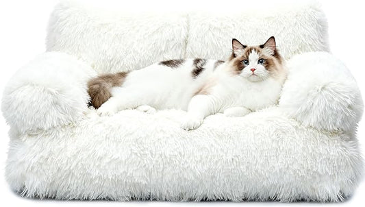 Cat Bed for Indoor Cats, Washable Pet Couch Furniture, Puppy Sleeping Nest Dog Sofa Bed for Medium Cat & Small Dogs, Plush White, 26" Lx18 Wx12 Th (for 20lbs Cats)