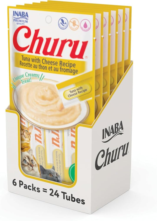 INABA Churu Cat Treats, Grain-Free, Lickable, Squeezable Creamy Purée Cat Treat/Topper with Vitamin E & Taurine, 0.5 Ounces Each Tube, 24 Tubes (4 per Pack), Tuna with Cheese Recipe