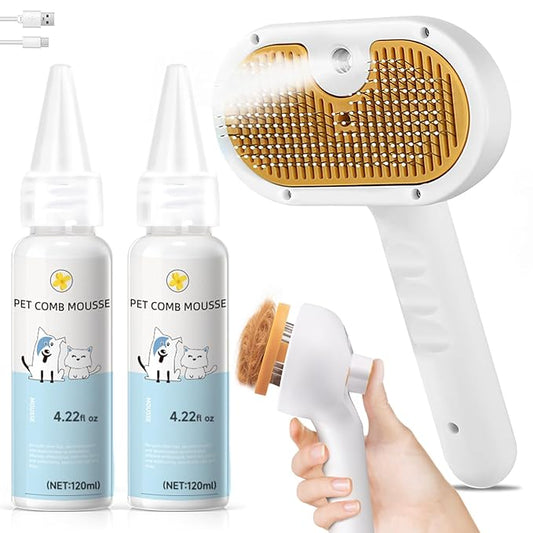 Pet Steam Brush for Dog & Cat ??shower bath brush ??Steam for Shedding & Grooming Water Brush for Long & Short Haired Pets Spritz Defur Comb 3-in-1 Spray Hair Removal Comb Includes 2*Waterless Shampoo