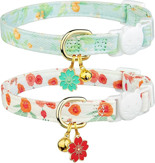 2 Pack Cotton Breakaway Cat Collar Green and Red Flowers Pendant Cute Kitten Cat Collar with Bell