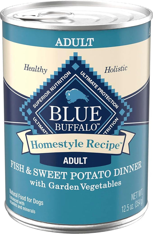 Blue Buffalo Homestyle Recipe Adult Wet Dog Food, Made with Natural Ingredients, Fish & Sweet Potato Dinner with Garden Vegetables, 12.5-oz can (Pack of 12)