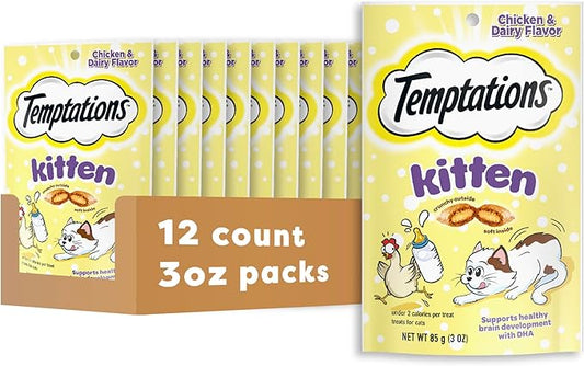 Temptations Kitten Crunchy and Soft Cat Treats Chicken and Dairy Flavor, 3 oz. Pouch, (Pack of 12)