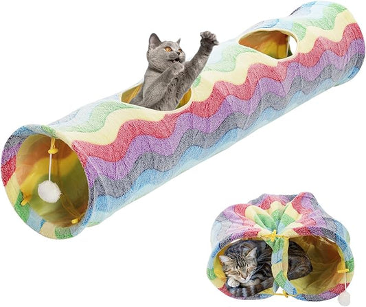 Straight Cat Tunnel with Four Holes and Hanging Ball for Indoor Cat Exercise, Interactive Crinkle Inside Material