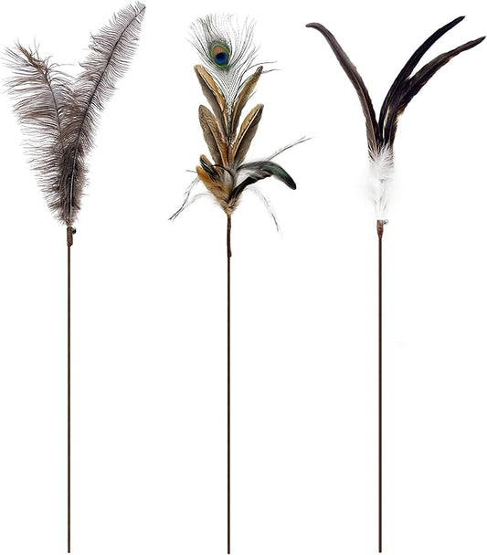 TTcat Cat Wand Toys Feather Stick Toys,3 Pcs Cat Teaser Sticks with Different Feathers, Peacock, Chicken Feathers,Interactive oys for Indoor and Kitten.