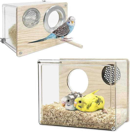 PINVNBY Transparent Acrylic Parakeet Nesting Box Budgie Breeding Box Bird Nest for Cage for Bird House with Perch for Parrots, Cockatiels, Lovebirds and Small Birds (L: 8.07 x 6.2 x 3.93 inch)