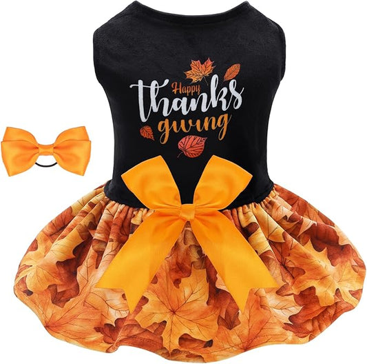 CuteBone Thanksgiving Dog Fall Dresses Costume Velvet Holiday Small Dogs Clothes Onesie Pet Apparel Girl Puppy Skirt with Bow Hair Rope CVA52S-D