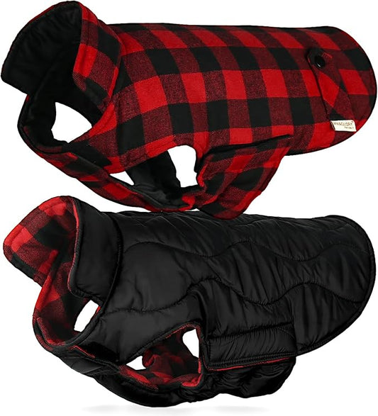 VIVAGLORY Softjoy Dog Coat, Dog Jacket for Winter & Christmas, Coat with Harness Hole & Velcro Closure, Reversible Plaid Checkered Warm Fluffy Heavy Duty for Puppy, XL, Red Black