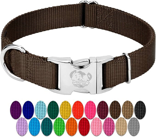 Country Brook Petz Premium Nylon Dog Collar with Metal Buckle for Small Medium Large Breeds - Vibrant 30+ Color Selection (Extra Large, 1 Inch, Brown)