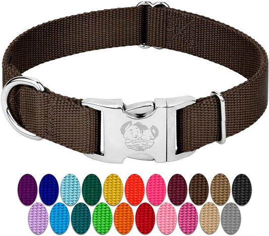 Country Brook Petz Premium Nylon Dog Collar with Metal Buckle for Small Medium Large Breeds - Vibrant 30+ Color Selection (Large, 1 Inch, Brown)