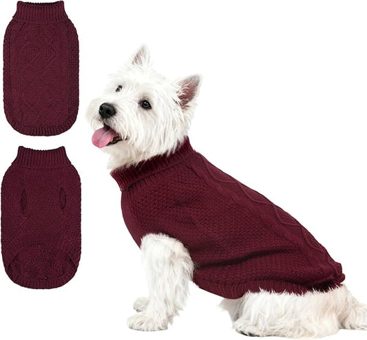 Mihachi Turtleneck Dog Sweater - Winter Coat Apparel Classic Cable Knit Clothes with Leash Hole for Cold Weather, Ideal Gift for Pet in New Year Wine Red X-Small