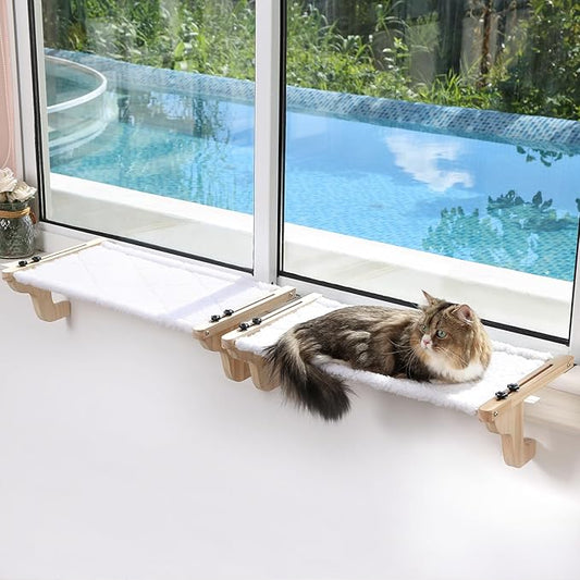 Zakkart 2PC Easy Seat Cat Perch for Window Sill - Hammock Design w/Pine Wood & Robust Metal Frame - Cat Window Seat for Large Cats and Kittens (Natural Color Wood w/White Bed, Medium (23''W x 14''D))