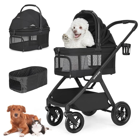 X-5 Luxury Pet Stroller for Medium Dog Under 55lbs or 2 Small Dogs & Cats, One-Touch Folding, Adjustable Handle, Detachable Carrier and Inflatable Wheels (Black & Net Wall)