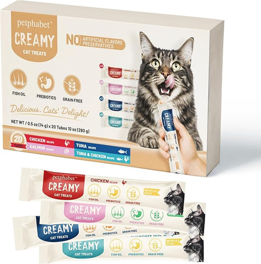 PETPHABET Lickable Cat Treats Squeeze, Creamy Puree Squeezable Wet Kitten Treats, 4 Flavors Variety Pack 20 Tubes, Paste Snacks for Skin & Coat Health, Digestive Care, High Protein, Grain Free