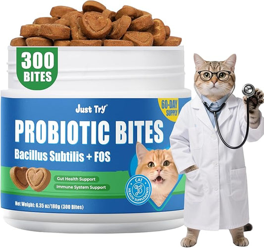 Just Try 300 Bites Cat Probiotic Bites Probiotics for Cats Chicken Flavor Healthy Cat Treats Digestive Support 6.35 oz