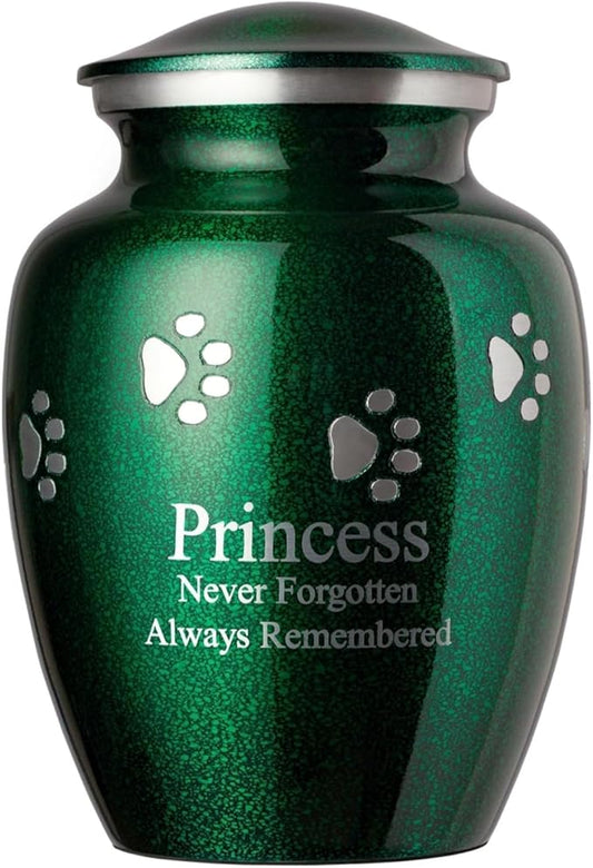Pet Urn for Dogs and Cats with Personalized Laser Engraving, Ottillie Paws Premier Series Memorial Urns (X-Large Marine Green with Horizontal Pewter Paws)