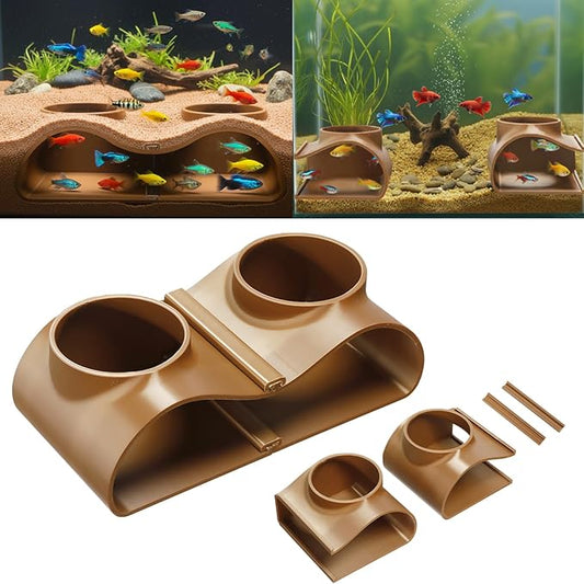 Aquarium Tunnel Cave, Transformable Fish Tank Cave, Viewing Fish & Shrimp Under Gravel Tunnel, Aquarium Decor Decoration Hideout, Ideal for Corydora Catfish, Kuhli Loach, Pleco (Brown)